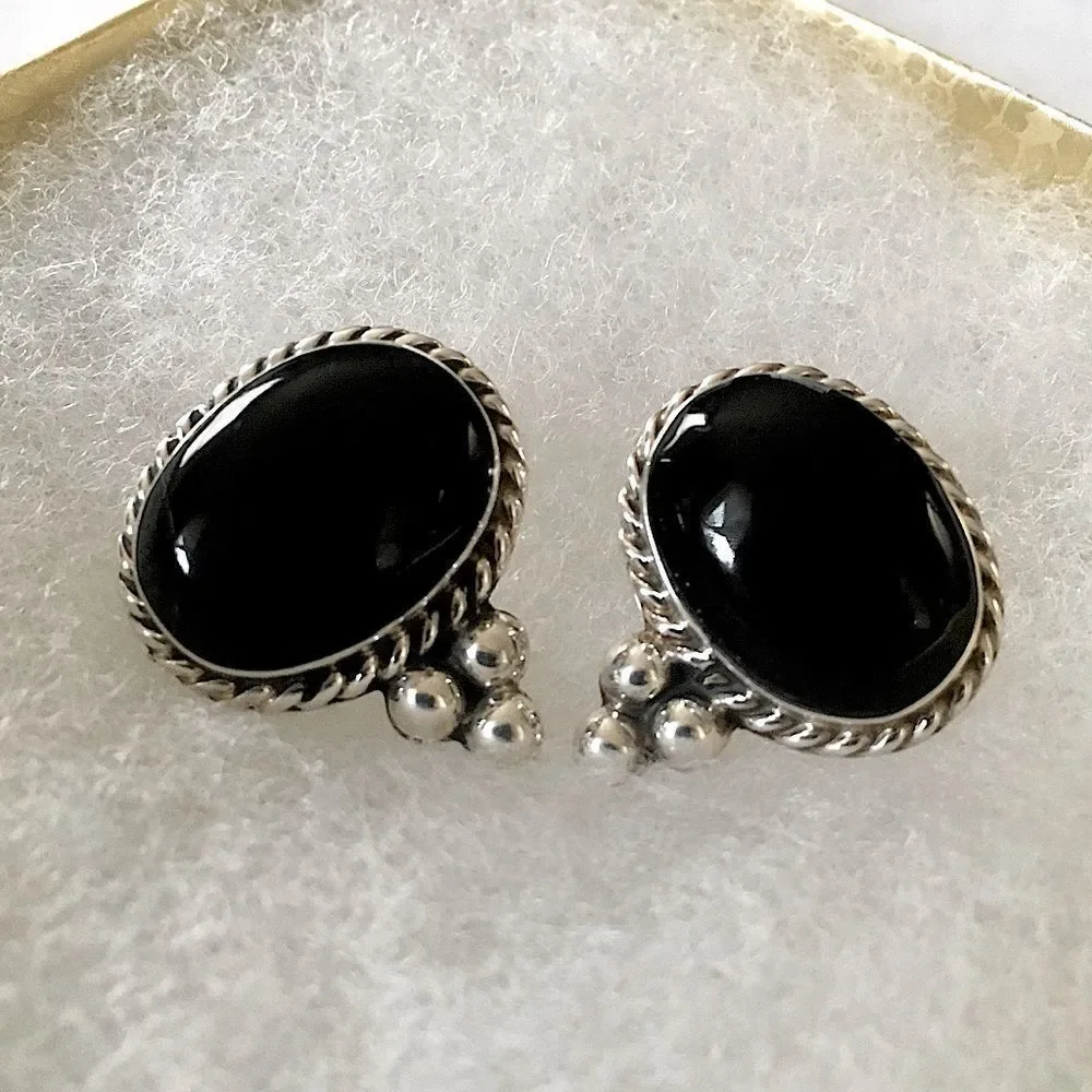 TAXCO Black Onyx Cabochon Sterling Silver Southwest Style Post Back Earrings